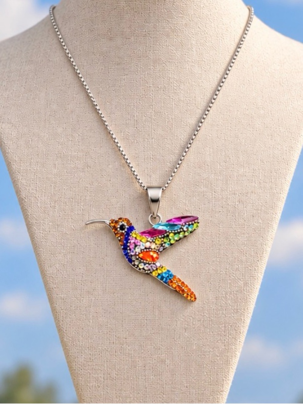 Pendant Hummingbird 950 Sterling Silver Crystal Necklace 18” Sterling Chain